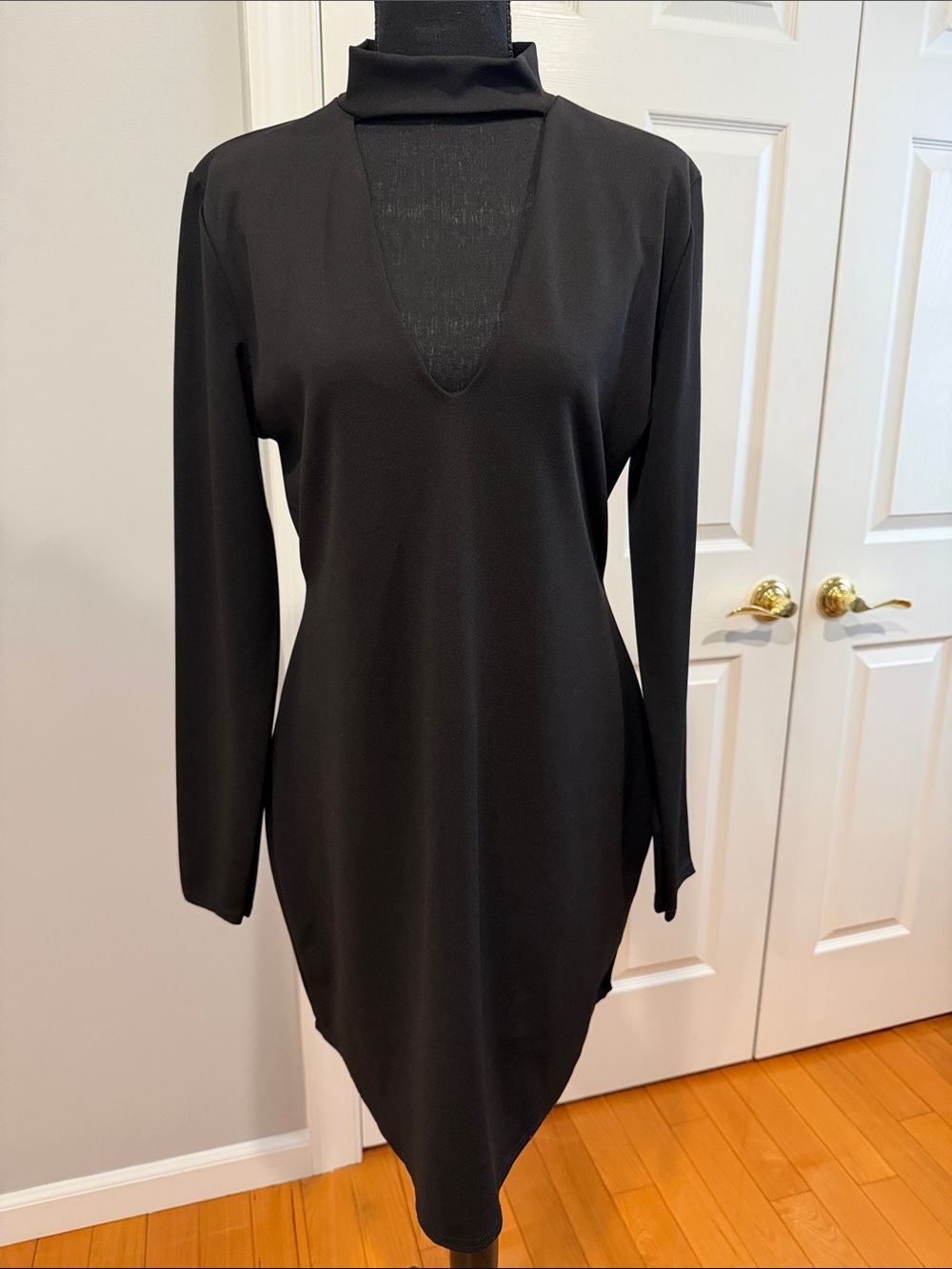 Misssguided Black Long-Sleeve V-Neck Dress with Mock Neck, NWT size 12